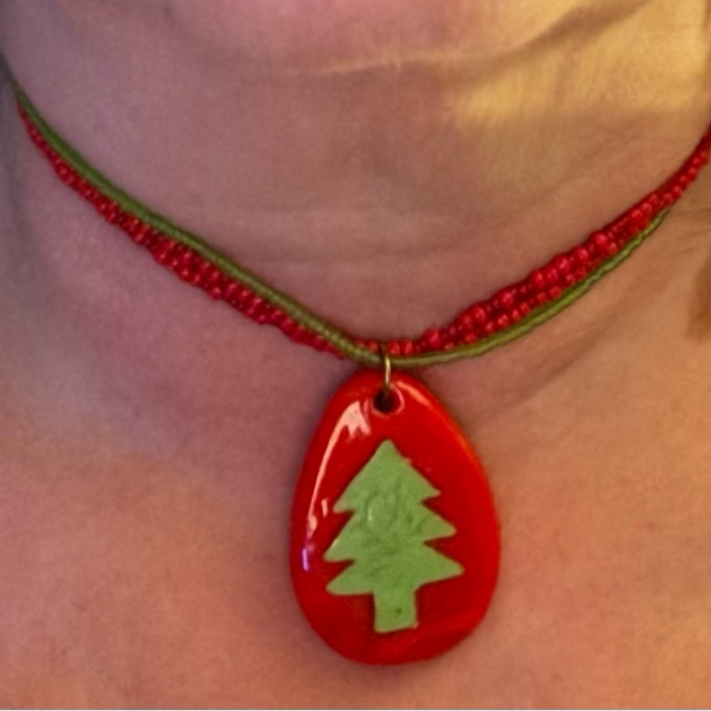 Christmas tree fused glass pendant necklace with red and green beaded cords